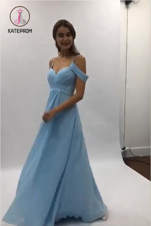 Flowy A-line Light Blue Chiffon Long Prom Dresses Simple Party Dresses with Pleats KPP0973
