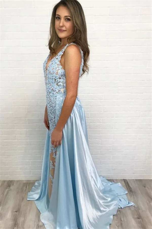 Glamorous Blue V Neck Lace Sleeveless Sexy Mermaid Prom Dress Evening Dress KPP1512