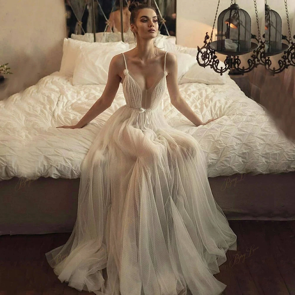 Beaded Tulle Skirt Spaghetti Straps Long Wedding Gown Beach A line Illusion Women Bridal Dress KPW0653