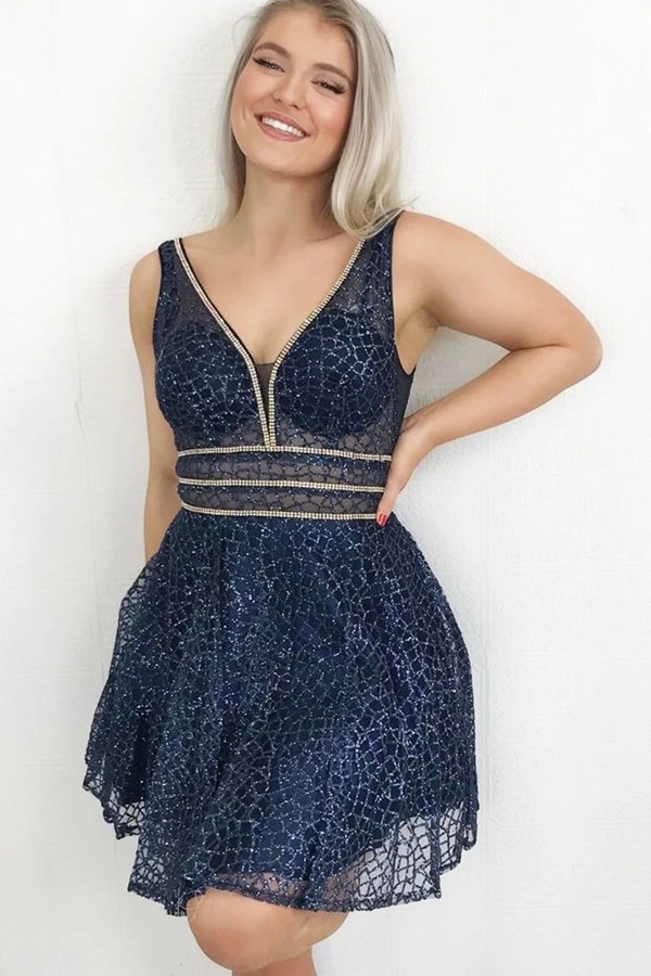 Sparkling A Line V Neck Sequins Navy Blue Homecoming Dress With Beads KPH0593