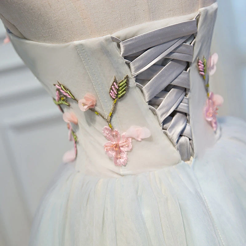 Cute Blue Strapless Tulle Homecoming Dresses with 3D Flowers Lace up Dance Dresses KPH0599