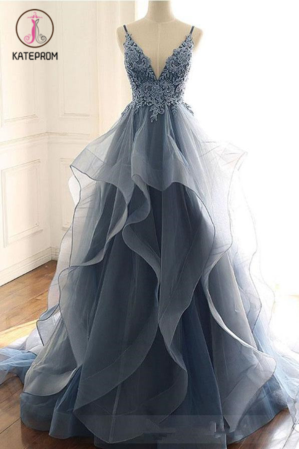 Dark Gray Tulle Prom Dress with Lace Appliques, Spaghetti Straps Sweep Train Party Dress KPP1229