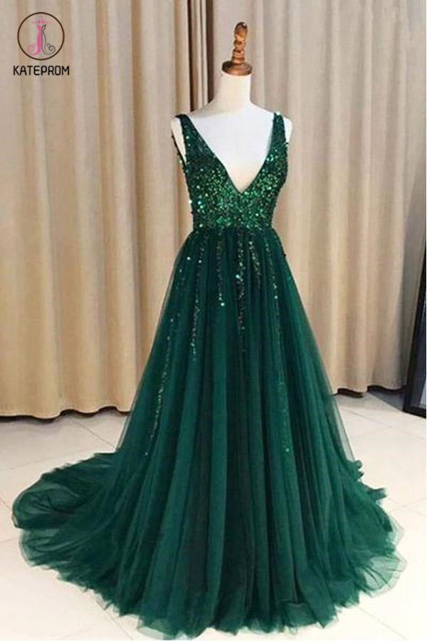 V Neck Green Open Back Tulle Long Prom Dresses With Sequins KPP1127