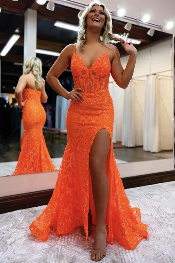 Mermaid V Neck Glitter Slit Orange Split Prom Evening Dress KPP1731