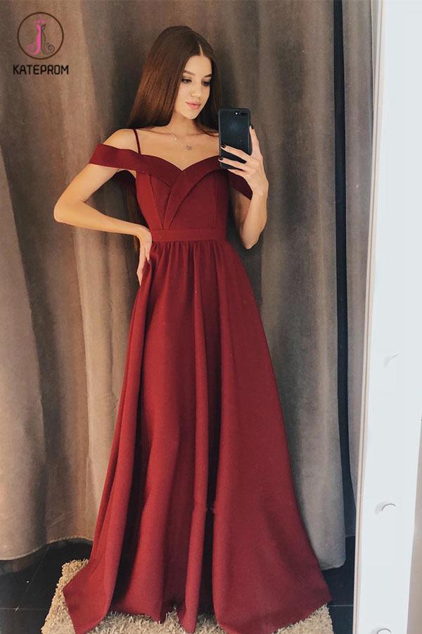 Charming A Line Off The Shoulder Burgundy Satin Long Prom Dresses KPP1129