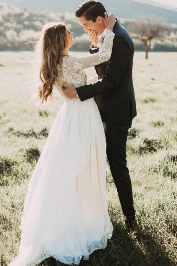 Vintage Long Sleeve Ivory Lace Chiffon Scoop Wedding Dresses Country Wedding Gowns KPW0693