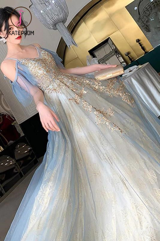 Unique V Neck Long Tulle Party Dress with Lace, Sexy Sleeveless Long Prom Gown KPP1005