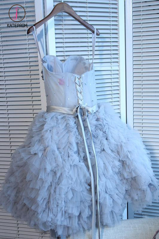 Lavender Sweetheart Beading Tulle Short Homecoming Dress with Ruffles, Unique Tulle Dress KPH0330