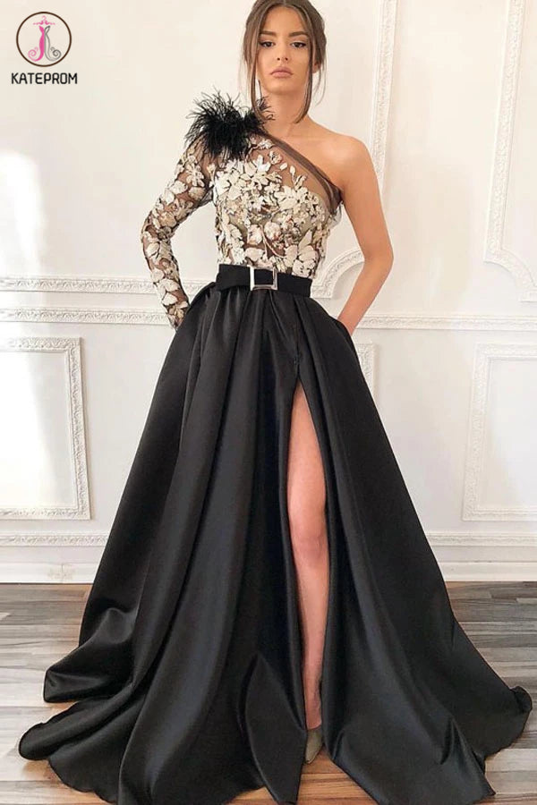 One-Shoulder Black Long Appliqued Split Prom Dress With Pockets Feathers KPP1262