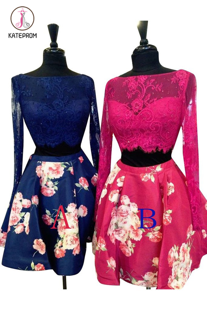 Royal Blue Two Piece Bateau Long Sleeves Floral Short Homecoming Dress with Lace KPH0347