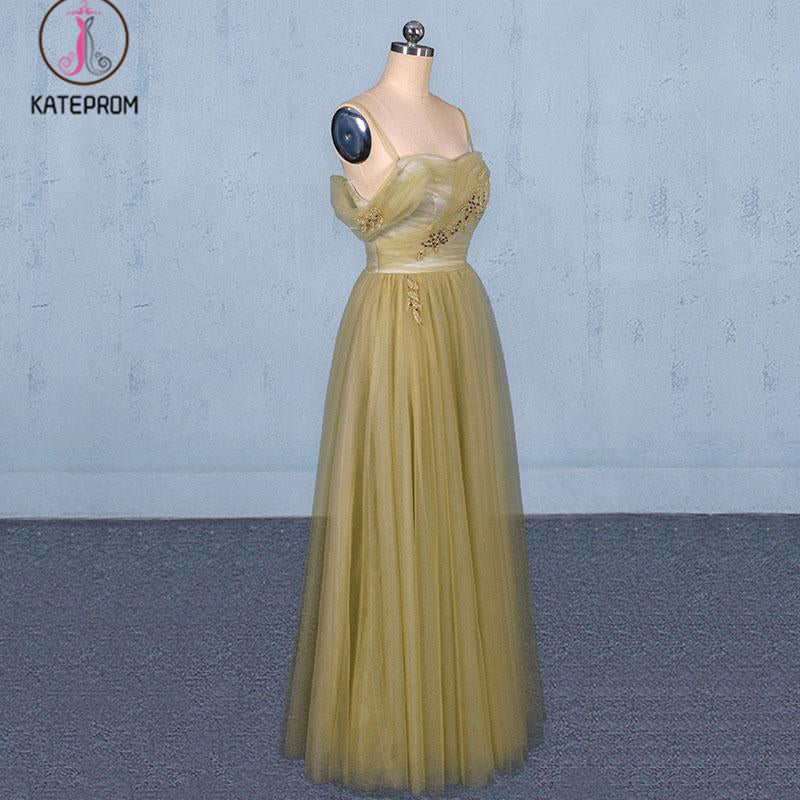 Spaghetti Straps Floor Length Tulle Prom Dress with Beading, Long Evening Dress KPP1090