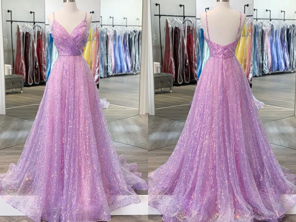 Shiny V Neck Backless Lilac Prom Dresses with Straps, Formal Dresses, Purple Evening Dresses KPP1458