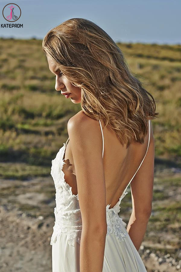 Boho Lace White Beach Wedding Dresses Sexy Open Backs Wedding Gown KPW0598