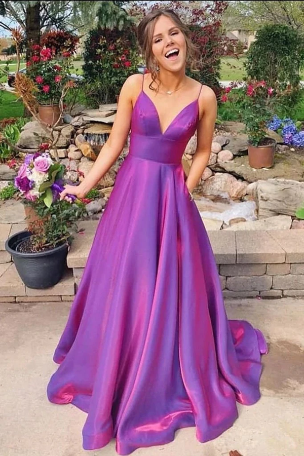A Line Grape Spaghetti Straps Satin V Neck Long Prom Dresses Backless Evening Dresses KPP1608
