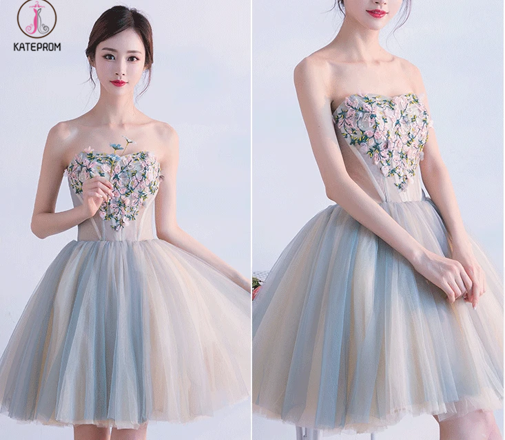 Cute Sweetheart Homecoming Dress with Flowers, Short Strapless Prom Dresses KPH0507