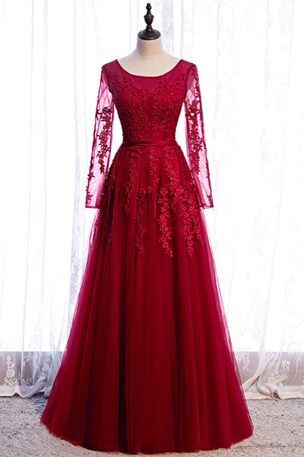 Chic A line Bateau Burgundy Lace Prom Dress Long Sleeve Tulle Evening Dresses KPP1558