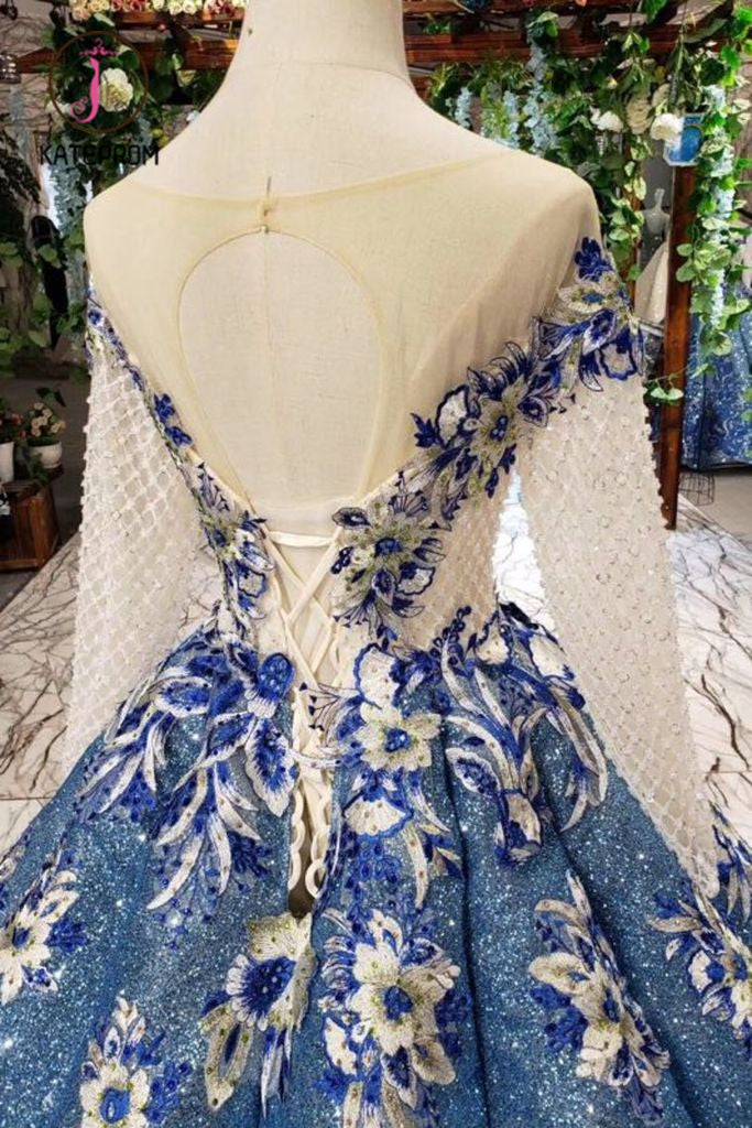 Ball Gown Prom Dresses Sheer Neck Long Sleeves Lace Up Back Sequins Appliques KPP0908