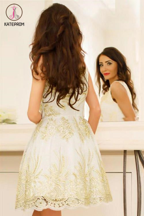 A-Line Cute V-Neck Sleeveless Tulle Homecoming Dress with Appliques, Short Prom Gown KPH0383