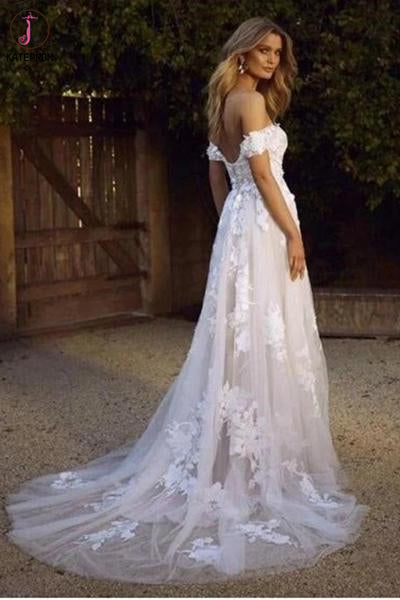 White Off Shoulder Tulle Lace Appliqued Beach Wedding Dress, Romantic Bridal Dresses KPW0583