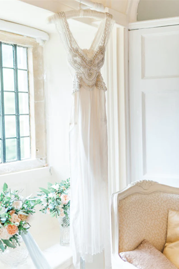 Romantic Wedding Dresses Modest Deep V neck Straps Modest Beach Open Back Bridal Gowns KPW0716