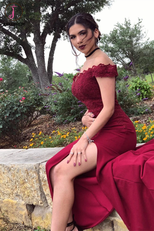 Long Burgundy Mermaid Prom Dresses Off-the-Shoulder Lace Prom Dress KPP1320
