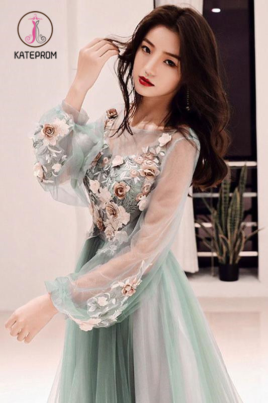 Charming Long Sleeves Tulle Prom Dress with Flowers, A Line Floor Length Party Dress KPP0937