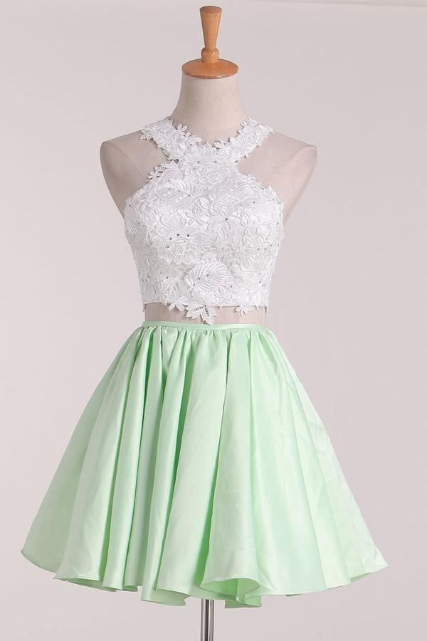 Two Piece Scoop Homecoming Dresses A Line Satin With Applique KPH0697