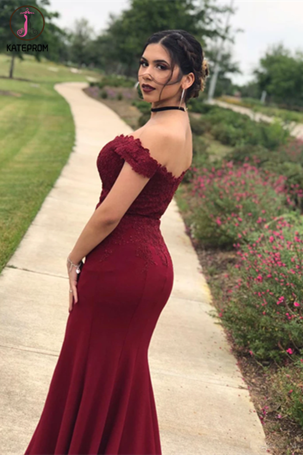 Long Burgundy Mermaid Prom Dresses Off-the-Shoulder Lace Prom Dress KPP1320