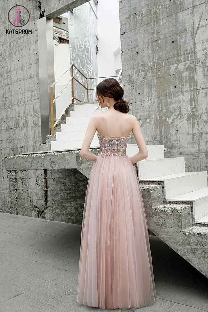 A Line Floor Length Spaghetti Straps Tulle Prom Dress with Beads KPP1289