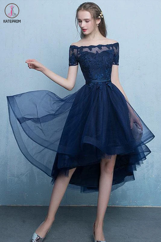 Dark Blue Off the Shoulder Tulle Homecoming Dress with Lace Appliques, High Low Dress KPH0506