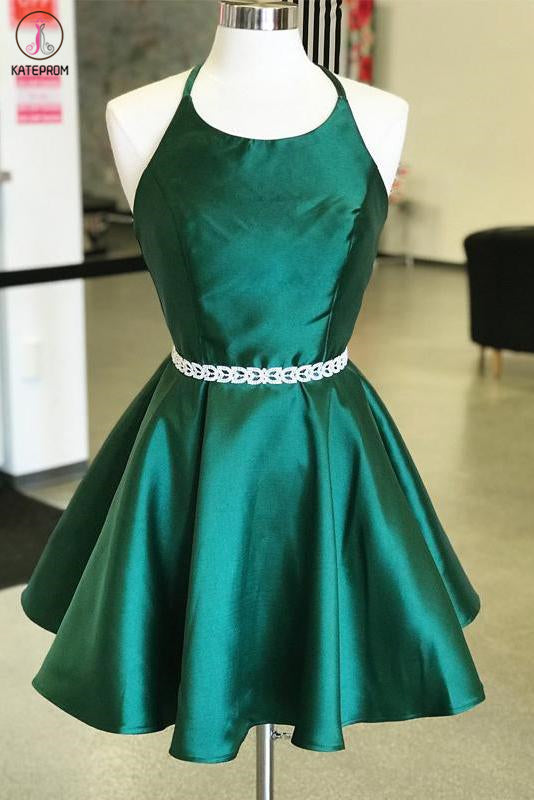 Dark Green Satin Spaghetti Strap Halter Open Back Short Homecoming Dresses KPH0518