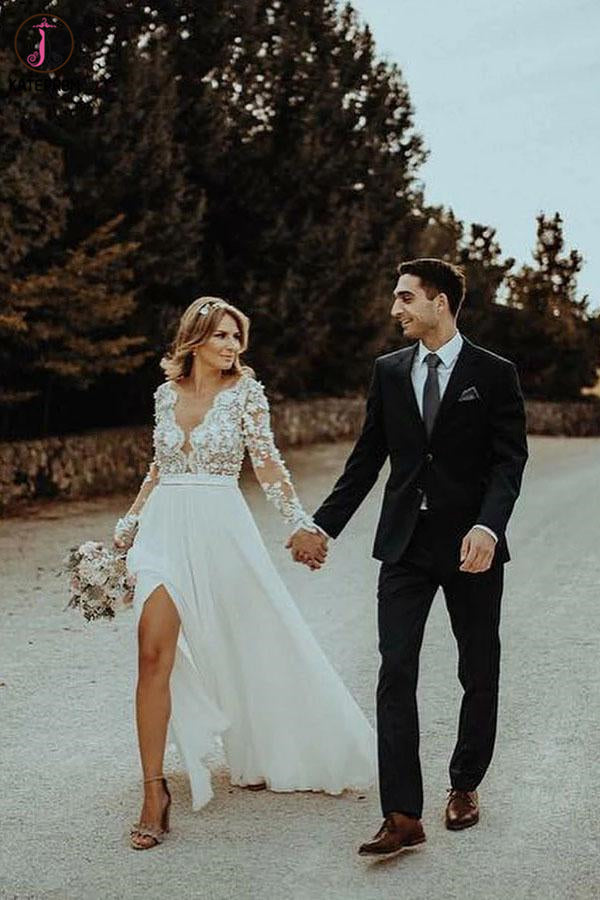 Floor Length Long Sleeves Sheer Neck Split Appliques Chiffon Beach Wedding Dress KPW0551