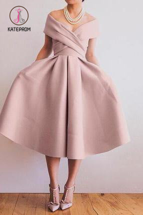 Green Off the Shoulder Tea Length Satin Homecoming Dress, Cute Senior Prom Dress KPP0869