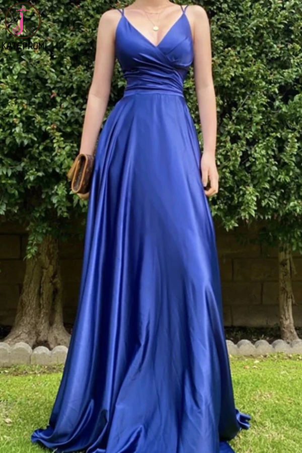Satin Royal Blue V neck Prom Dresses, A Line Lace up Evening Dresses for sale KPP1322