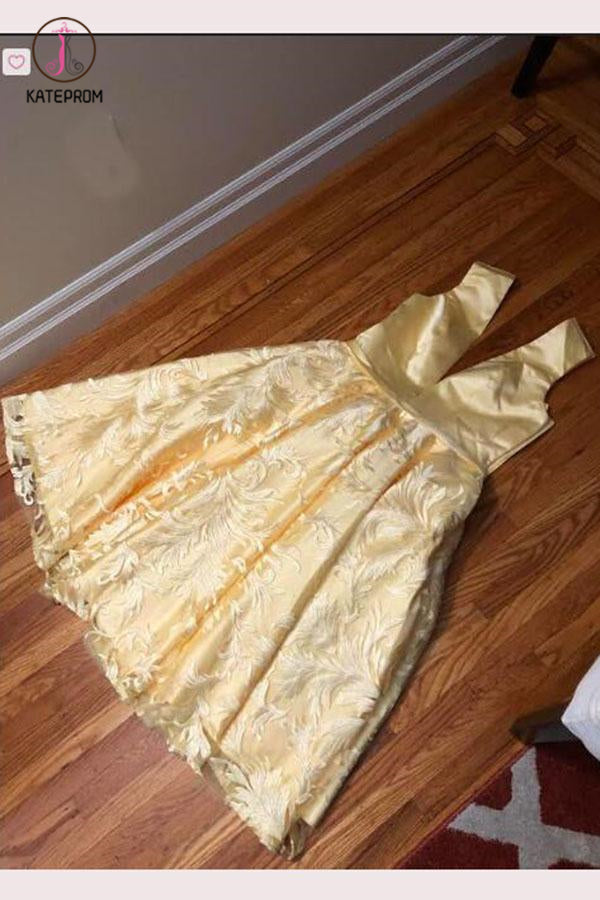 A-line Deep V Neck Sleeveless Tea-Length Prom Dress with V Back Lace Homecoming Dress KPH0284