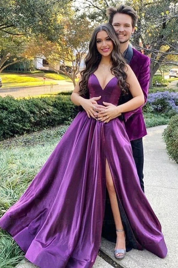 V Neck Backless Purple Satin Long Prom Dress with High Slit KPP1644