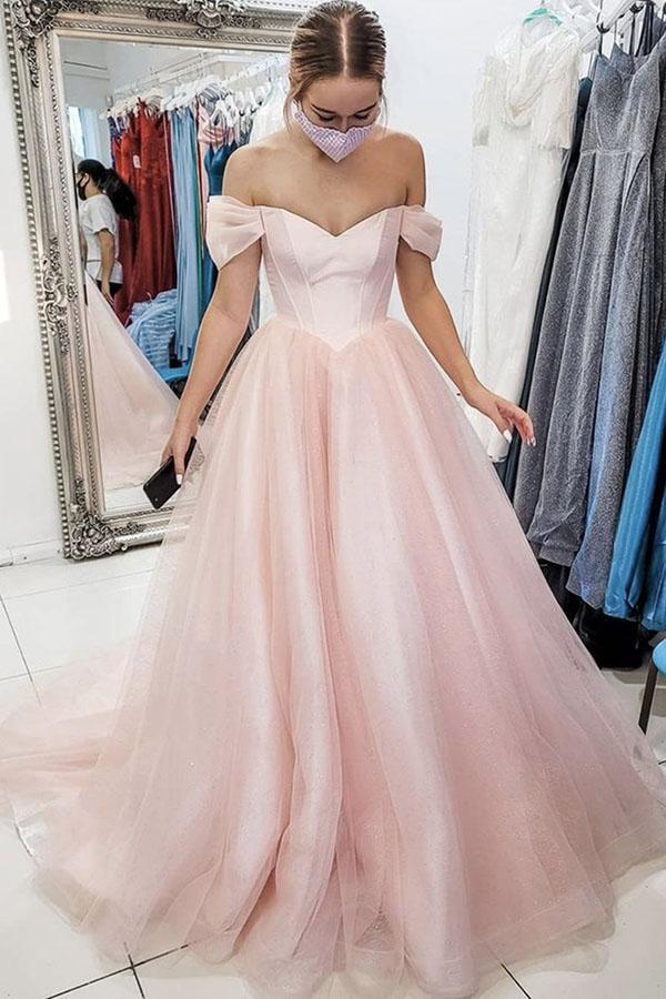 Light Pink Off The Shoulder Long Tulle Prom Evening Dress, A Line Simple Party Dress KPP1480