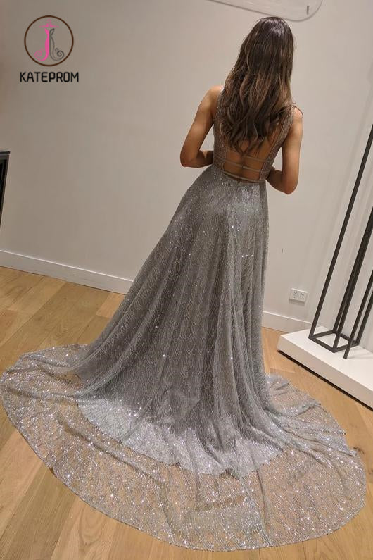 A-Line Sleeveless Silver Backless Fashion Custom Unique Design Long Prom Dresses KPP1048