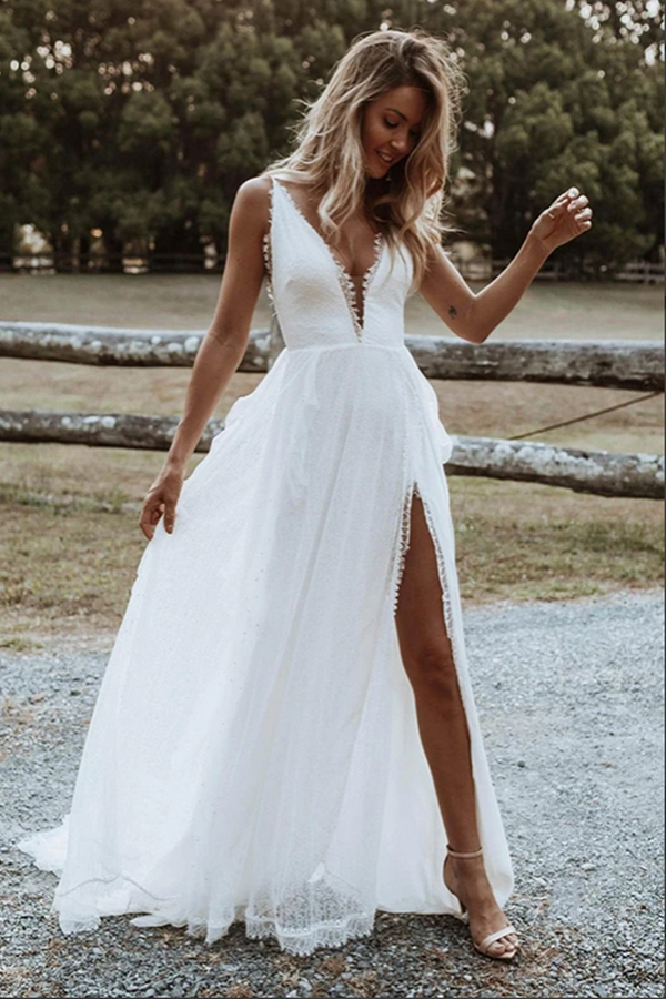 Boho Chiffon A line V neck Lace Spaghetti Straps Beach Wedding Dresses KPW0668