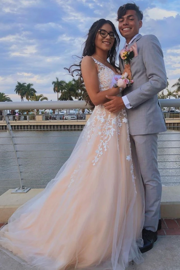 A Line V Neck Pink Lace Long Prom Dress with Belt, Pink Lace Formal Dress, Pink Evening Dress KPP1404