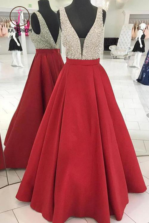 Red V Neck Sleeveless Beading Prom Dress, A Line Satin Sparkly Long Party Dresses KPP0915