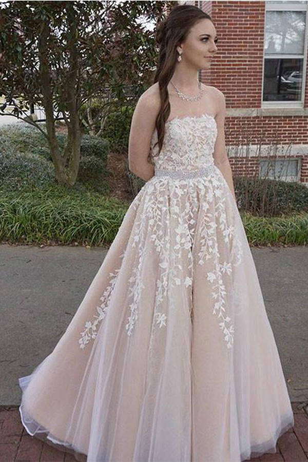 Princess A line Strapless Tulle Long Prom Dress with Lace Appliques Wedding Dress KPW0662
