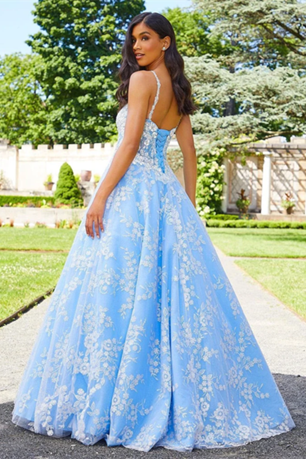 Chic A line Spaghetti Straps V neck Long Prom Dress Tulle Applique Evening Dress Formal Dress KPP1499