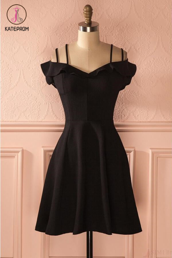Simple Strap Black Short Satin Graduation Dresses, A Line Ruched Homecoming Dress KPH0412