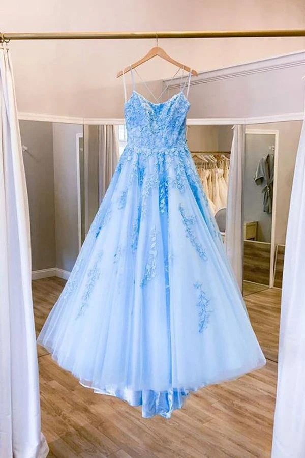 Blue Tulle Long Backless A Line Prom Dress Evening Dress KPP1368