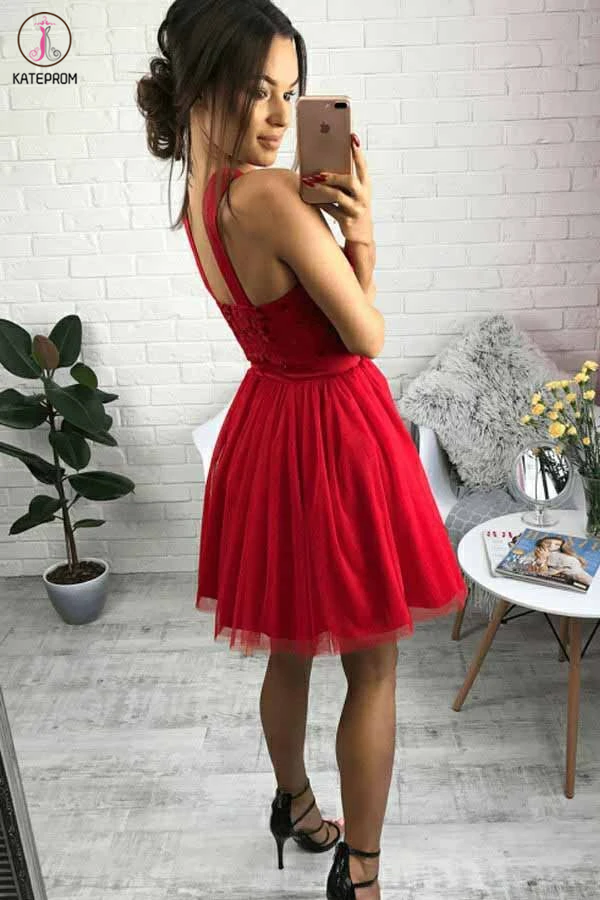 Cute Red Tulle Short Homecoming Dress with Beading, A Line Sweetheart Short Prom Dress KPH0512