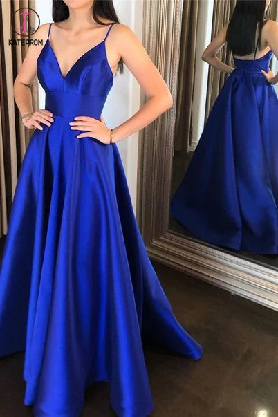 Royal Blue Spaghetti Straps V Neck Simple Floor Length Satin Prom Dress KPP1300