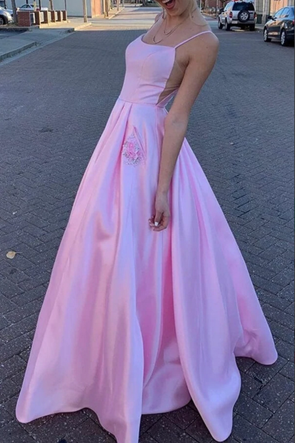 Pink Satin A line Spaghetti Straps Prom Dresses, Party Dress With Pockets KPP1503