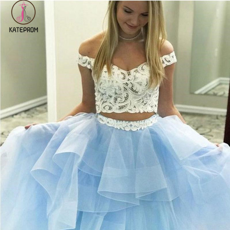 Two Piece Off-the-Shoulder Tiered Blue Tulle Long Prom Dress with Lace KPP0617