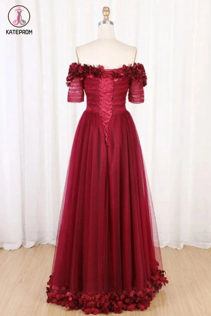Burgundy Off Shoulder Floor Length Tulle Prom Dress with Applique, A Line Tulle Evening Dress KPP1272
